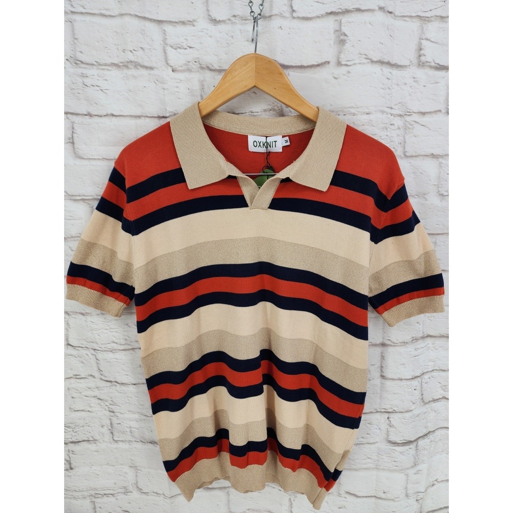 Mens Oxknit Stripe Retro Sweater Polo 70s 80s Vibe Metallic Stretch NWTs Medium